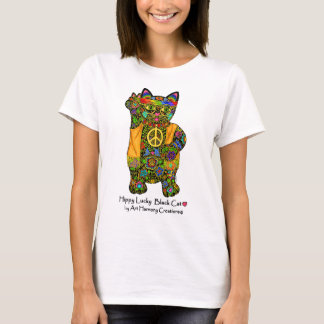 Hippy lycklig svart kattdam tshirt t-shirt