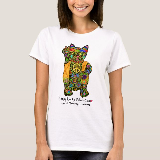 Hippy lycklig svart kattdam tshirt tee (Framsida)