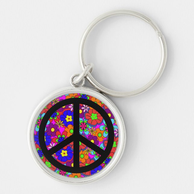 Hippy Retro blommor för fredstecken Rund Silverfärgad Nyckelring (Framsidan)