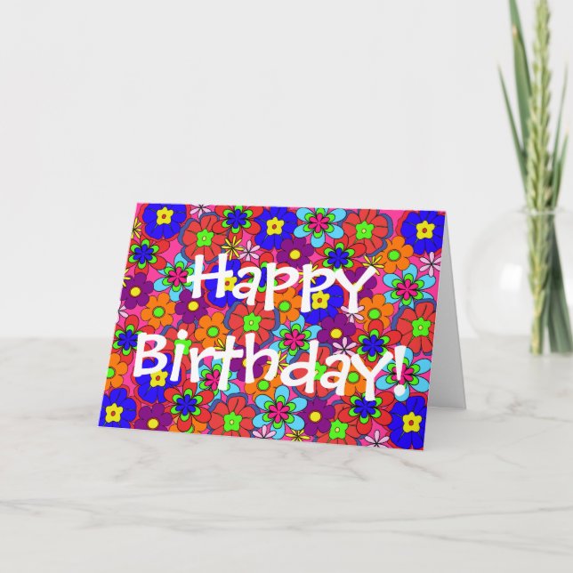 Hippy Retro Flowers Birthday Kort (Framsida)