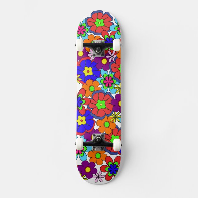 Hippy Retro Flowers Skateboard Bräda 19,5 Cm (Framsida)