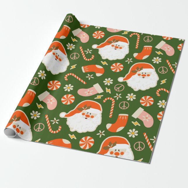Hippy Santa och candy cane-mönster Presentpapper (Utrullad)