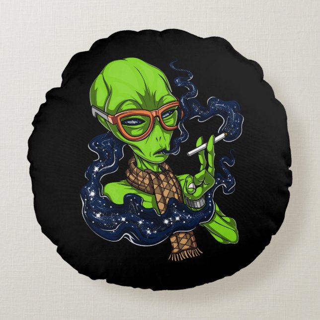 Hipster Alien Space Smoking Extraterrestrial Rund Kudde (Framsidan)