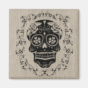 Hipster Black Sugar Skull Burlap Magnet