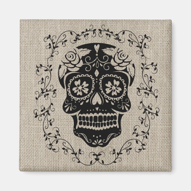 Hipster Black Sugar Skull Burlap Magnet (Framsidan)