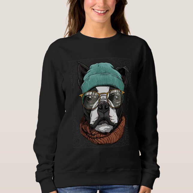 Hipster Boston Terrier Animal Wearing Sunglasses D T Shirt (Framsida)