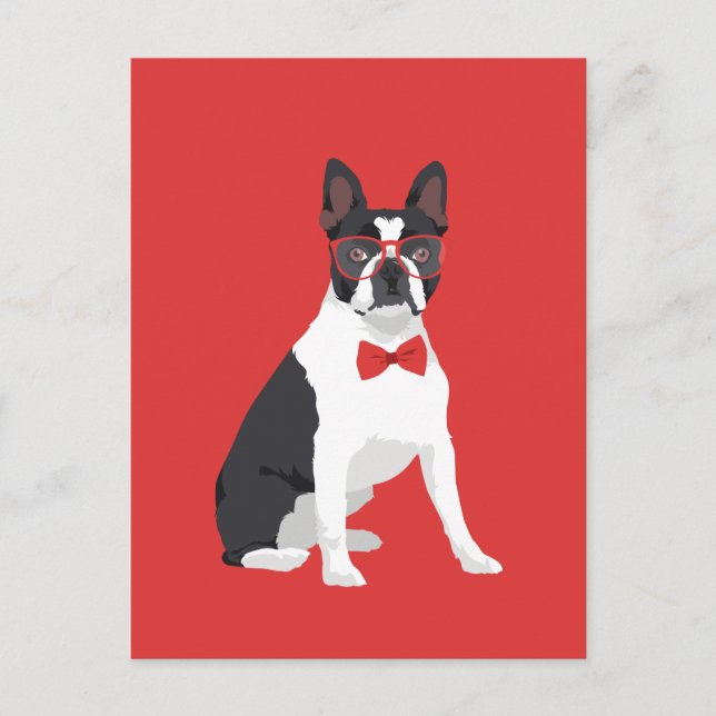 Hipster Boston Terrier med röda glas och blyglas Vykort (Framsida)