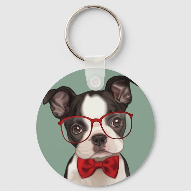 Hipster Boston Terrier Nyckelring (Framsida)