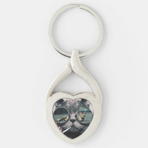 Hipster Cat Smoking Twisted Heart Silverfärgad Nyckelring