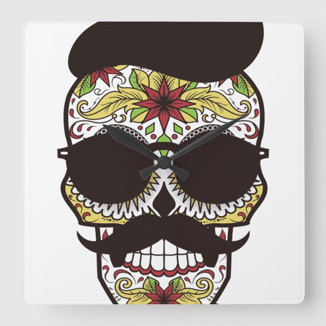 Hipster Day of the dead Skull Fyrkantig Klocka (Framsida)