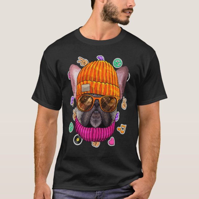 Hipster Fransk Bulldog Geek Nerd Glasses Hund Kärl T Shirt (Framsida)