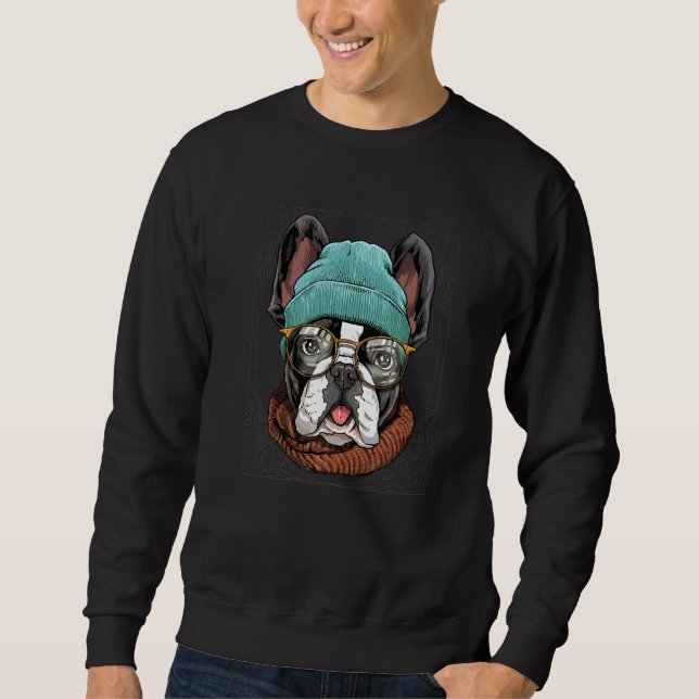 Hipster Fransk Bulldog with Glass Hund Lång Ärmad Tröja (Framsida)