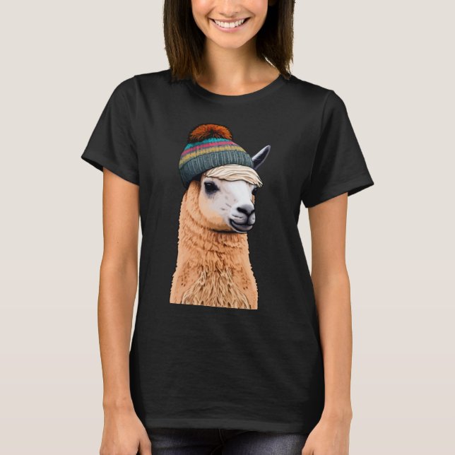 Hipster Llama i Beanie Humor Pop T Shirt (Framsida)