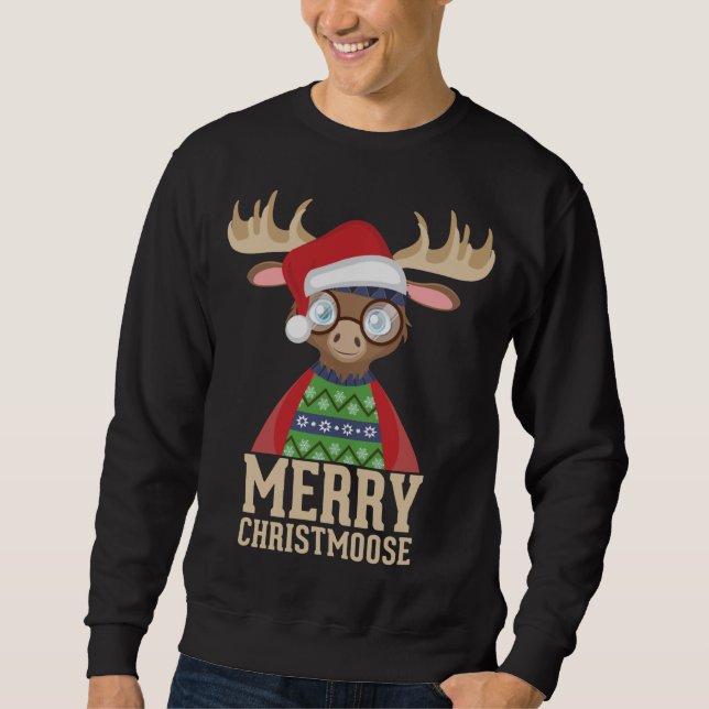Hipster Moose - Santa Hat - Merry Christmoose Chri Lång Ärmad Tröja (Framsida)