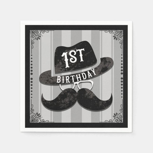 Hipster Mr. Mustache Hattglas 1-års födelsedag Ett Pappersservett (Framsidan)