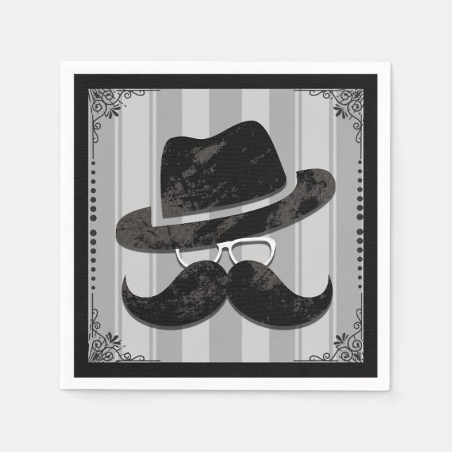 Hipster Mr. Mustasch Hatt Glasögon Födelsedagsfest Pappersservett (Framsidan)