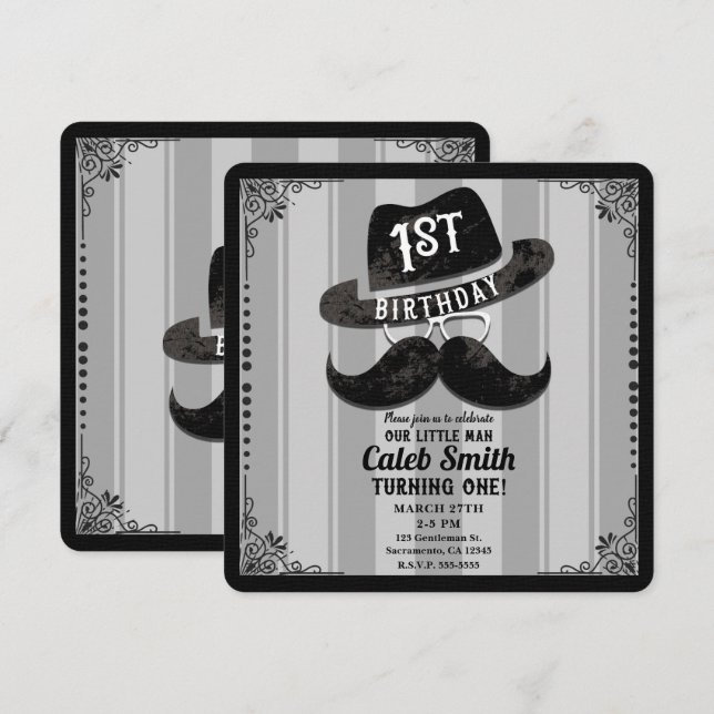 Hipster Mustache Hat Glass 1:a födelsedagen Party Inbjudningar (Fram/baksida)