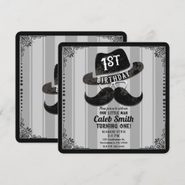 Hipster Mustasch Hatt Glasögon 1:a Födelsedagsfest Inbjudningar
