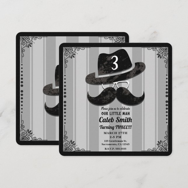 Hipster Mustasch Hatt Glasögon VALFRI Födelsedagsf Inbjudningar (Fram/baksida)