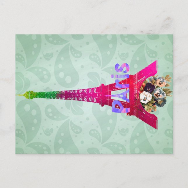 Hipster Paisley Neon Fransk Paris Eiffel Torn Vykort (Framsida)