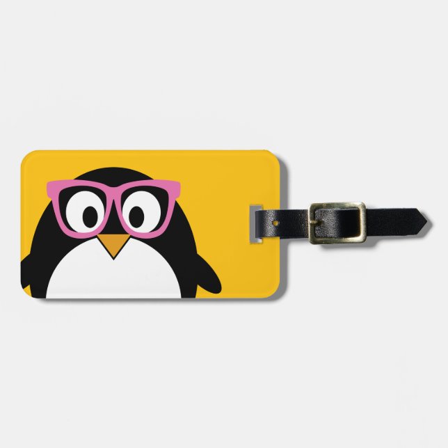 Hipster Penguin - Cute Tecknad Gult Rosa Bagagebricka (Horisontell Framsida)