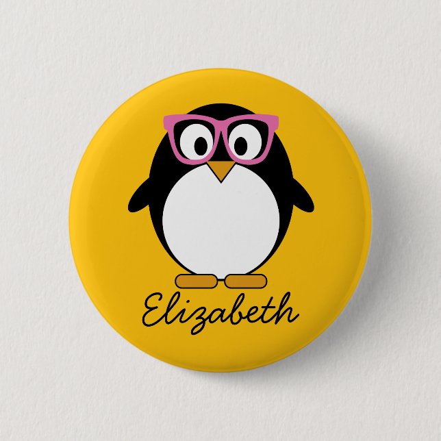 Hipster Penguin - Cute Tecknad Gult Rosa Knapp (Framsida)