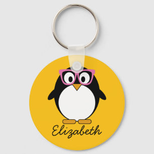 Hipster Penguin - Cute Tecknad Gult Rosa Nyckelring