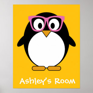 Hipster Penguin - Cute Tecknad Gult Rosa Poster