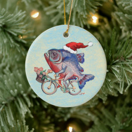Hipster Piranha på en cykelvåg i Santa Hat Julgransprydnad Keramik