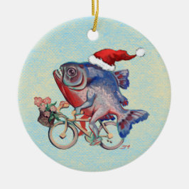 Hipster Piranha på en cykelvåg i Santa Hat Julgransprydnad Keramik