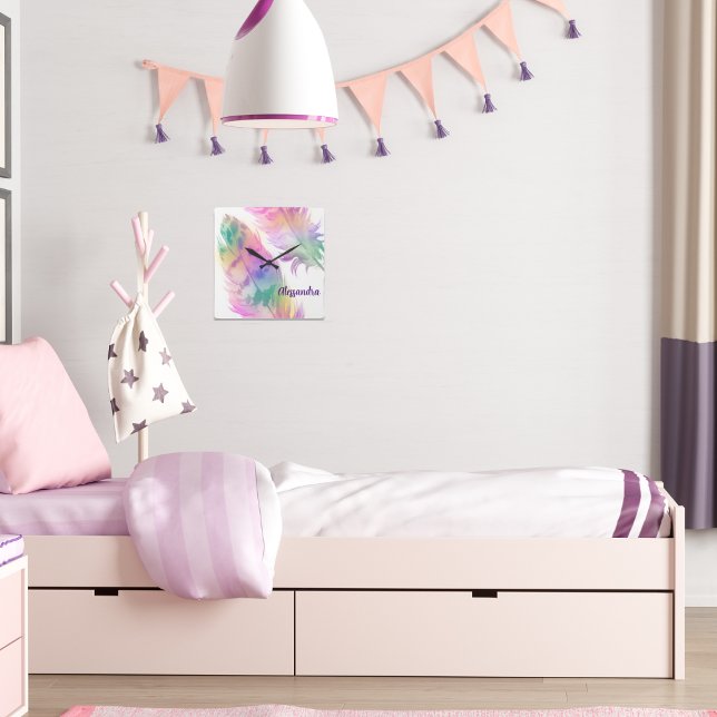 Hipster Rainbow Feathers Clock Fyrkantig Klocka (Skapare uppladdad)