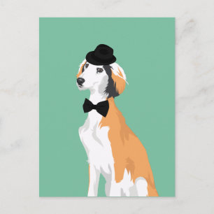 Hipster Saluki Puppy Hund in Hat and Bow Tie Vykort