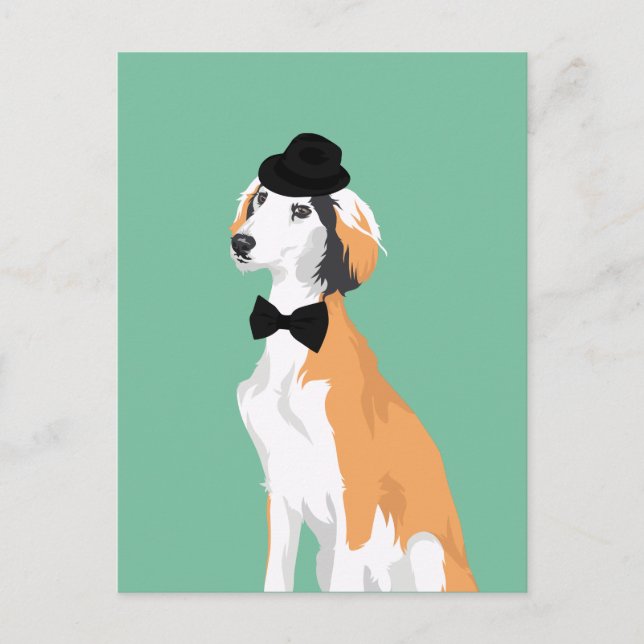 Hipster Saluki Puppy Hund in Hat and Bow Tie Vykort (Framsida)