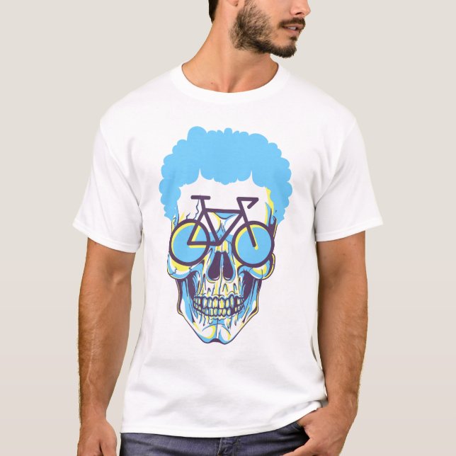Hipster Skull Bike Modern White Art Illustration T Shirt (Framsida)