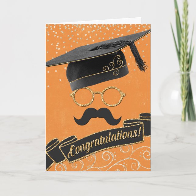 Hipster Studenten Grattiss Mustache Orange Kort (Framsida)