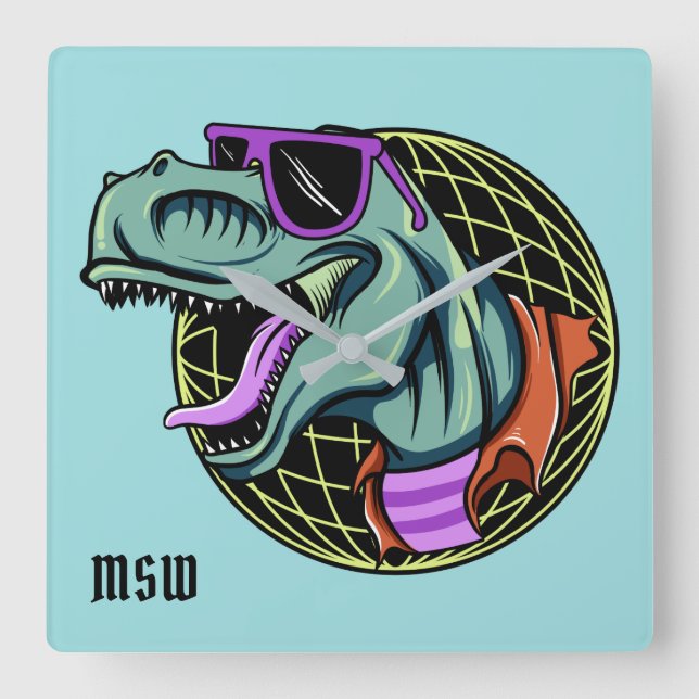 Hipster T-Rex anpassningsbar monogram och färg väg Fyrkantig Klocka (Framsida)