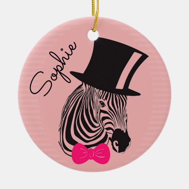 Hipster Zebra med top hat och Bow Tie namn Julgransprydnad Keramik (Framsidan)