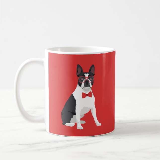 HipsterBoston Terrier med röda exponeringsglas & Kaffemugg (Vänster)