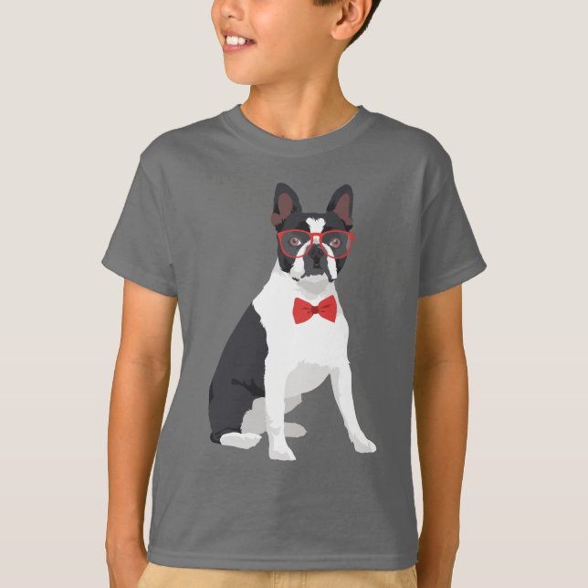 HipsterBoston Terrier med röda exponeringsglas & T Shirt (Framsida)