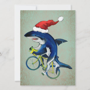 Hipsterhaj På Cykel Med Tomtehatt Julkort