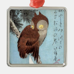 Hiroshige - Horned Uggla, Gräs och Crescent Måne Julgransprydnad Metall