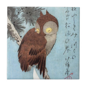 Hiroshige - Horned Uggla, Gräs och Crescent Måne Kakelplatta