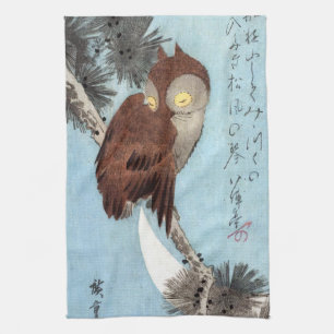 Hiroshige - Horned Uggla, Gräs och Crescent Måne Kökshandduk
