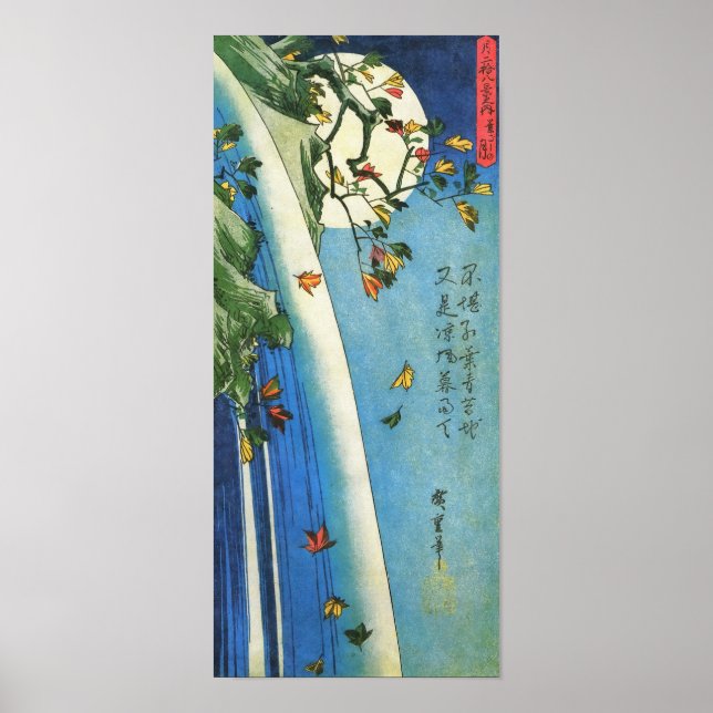 Hiroshige Måne över ett vattenfall japansk finkons Poster (Framsidan)