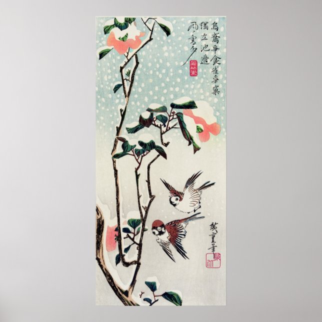 Hiroshige Sparrows och Camellias i Snö Poster (Framsidan)