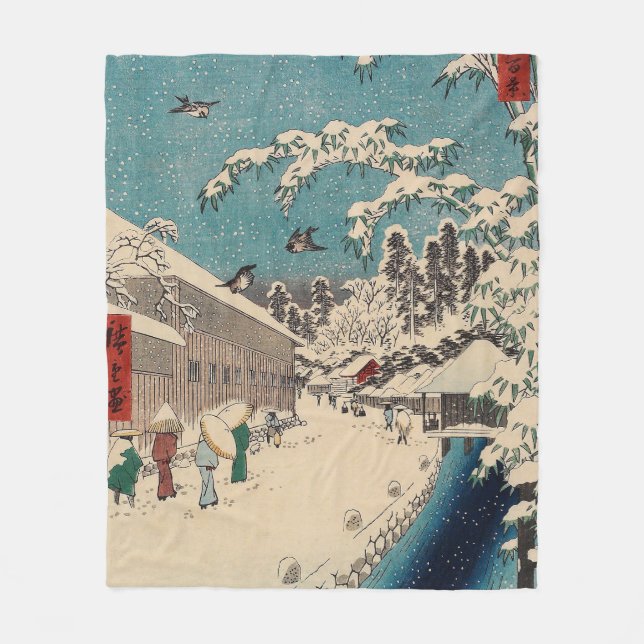 Hiroshige vinterlandskap japan ukiyo-e antikt fleecefilt (Framsidan)