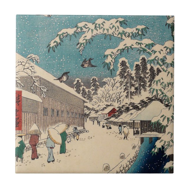 Hiroshige vinterlandskap japan ukiyo-e antikt kakelplatta (Framsidan)