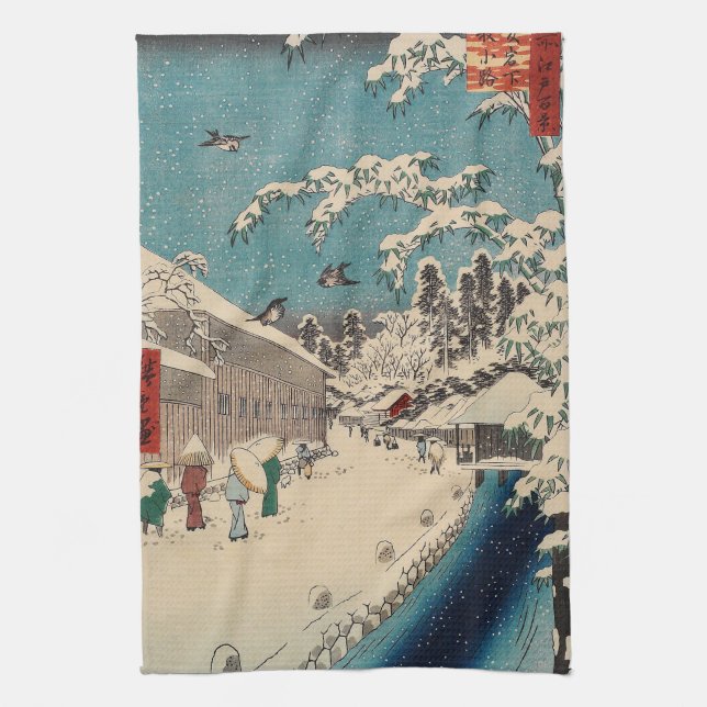 Hiroshige vinterlandskap japan ukiyo-e antikt kökshandduk (Vertikal)