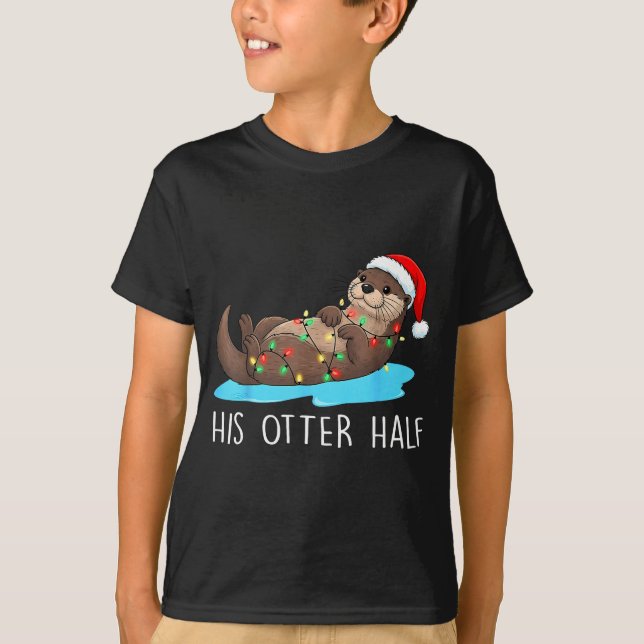 His And Her Otter Half Santa Hat Couple Christmas  T Shirt (Framsida)