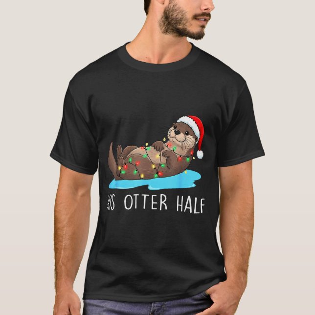 His And Her Otter Half Santa Hat Couple Christmas  T Shirt (Framsida)